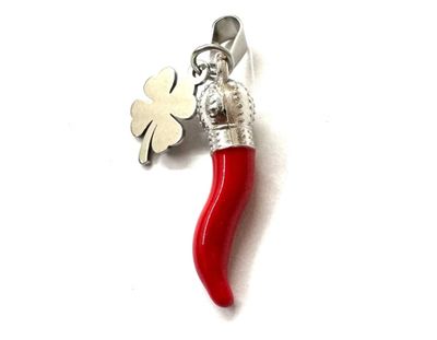 Ciondolo Corno rosso quadrifoglio acciaio confezione regalo inclusa