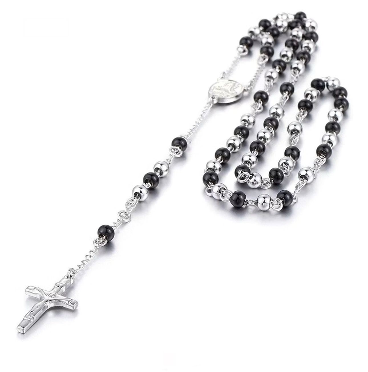 Rosario religione cattolica argento e nero sfere 6mm