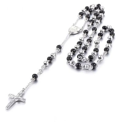 Rosario religione cattolica argento e nero sfere 6mm