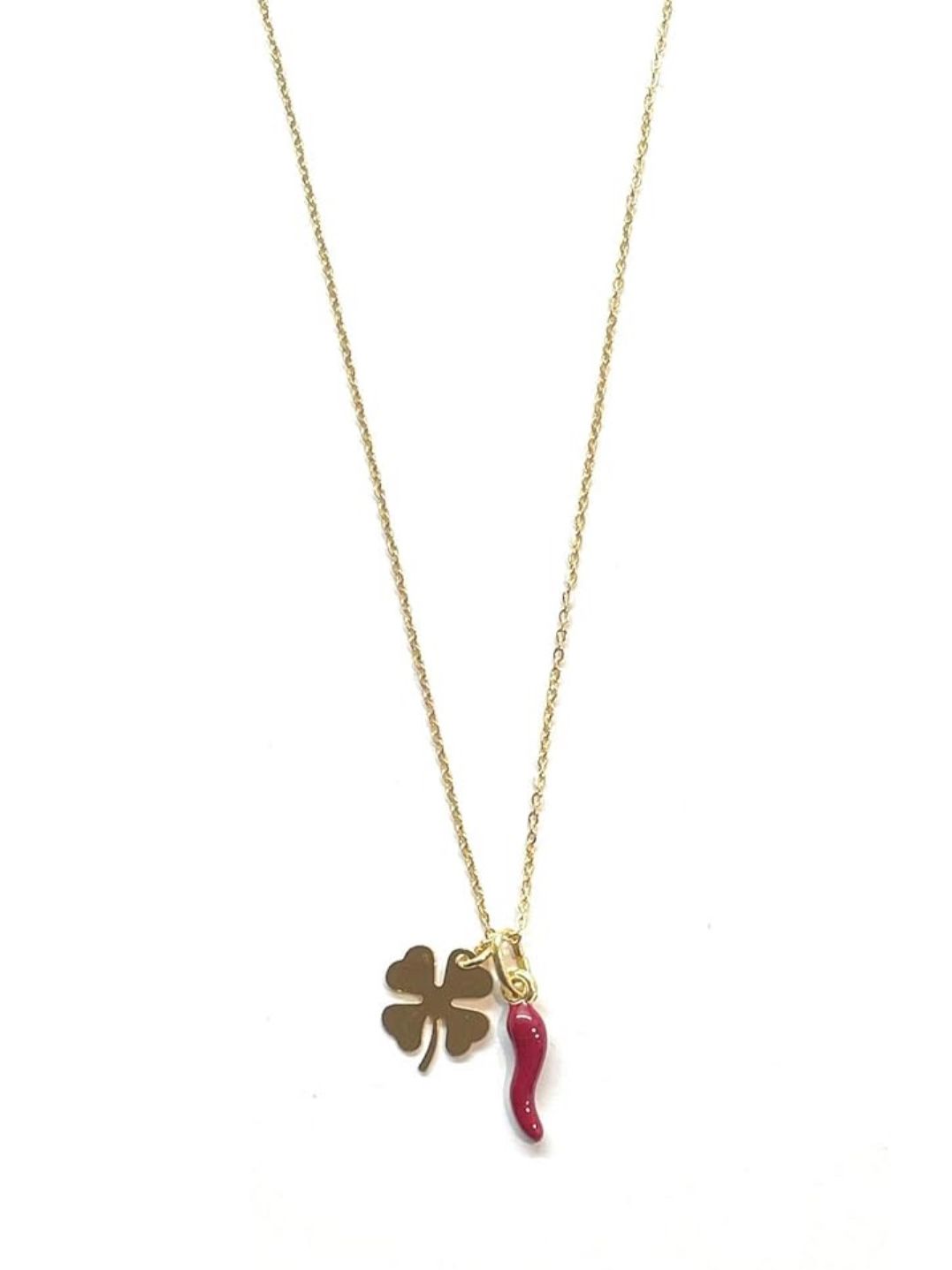 Collana acciaio corno portafortuna dorato quadrifoglio