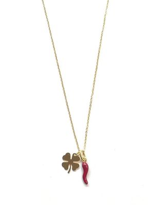 Collana acciaio corno portafortuna dorato quadrifoglio