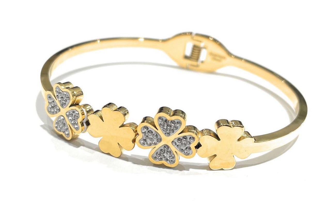 Bracciale acciaio quadrifoglio zirconi