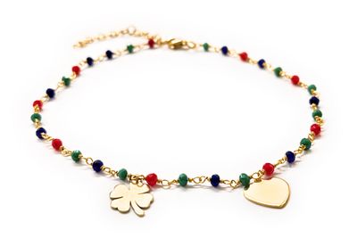 Cavigliera quadrifoglio e cuore dorata multicolore