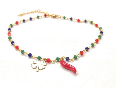 Bracciale Perline dorato quadrifoglio corno acciaio