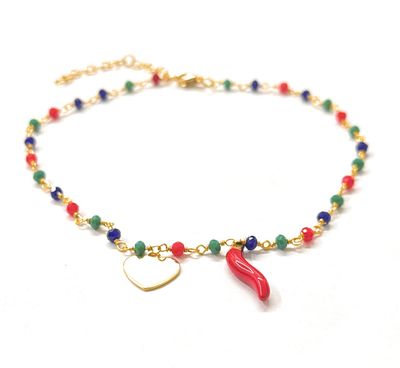 Bracciale Perline dorato cuore e corno acciaio