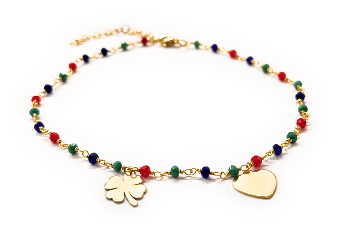 Bracciale Perline quadrifoglio e cuore dorato acciaio