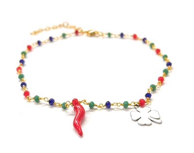 Bracciale Perline corno e quadrifoglio acciaio
