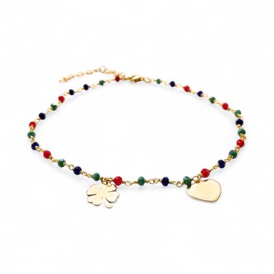 Cavigliera quadrifoglio e cuore dorata multicolore