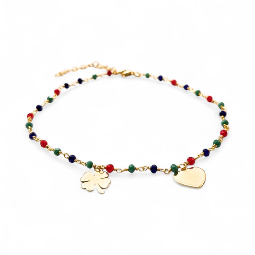 Cavigliera quadrifoglio e cuore dorata multicolore