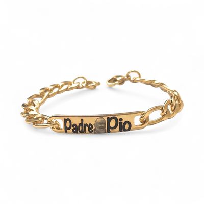 Bracciale Religioso Padre Pio dorato Acciaio, con Incisione a Laser