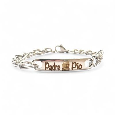 Bracciale Religioso Padre Pio in Acciaio, con Incisione a Laser