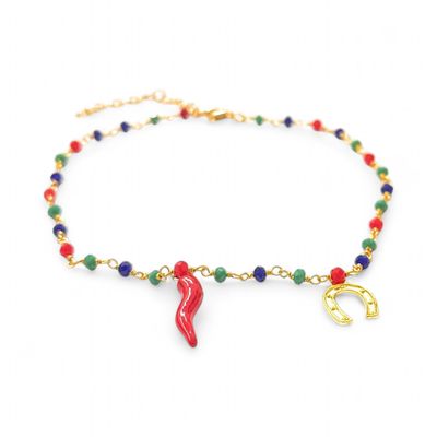 Bracciale Perline corno e ciampa cavallo dorata acciaio
