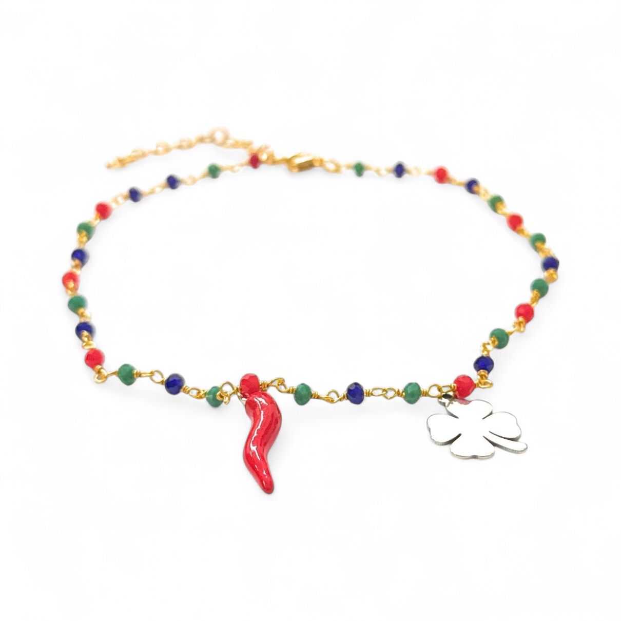 Bracciale Perline corno e quadrifoglio acciaio