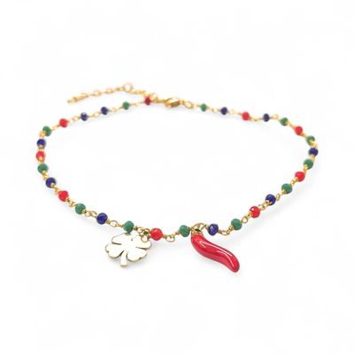 Bracciale Perline dorato quadrifoglio corno acciaio