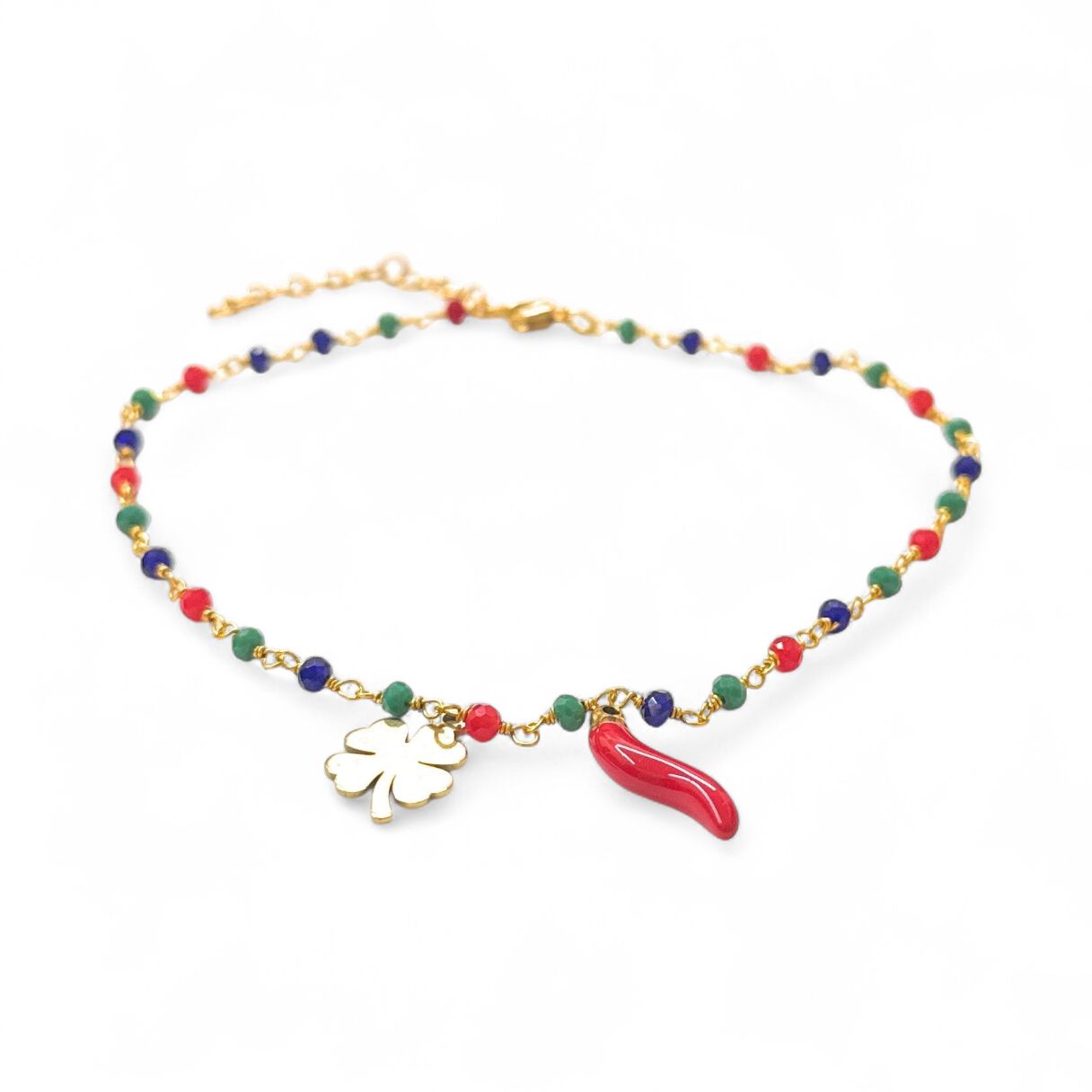 Bracciale Perline dorato quadrifoglio corno acciaio
