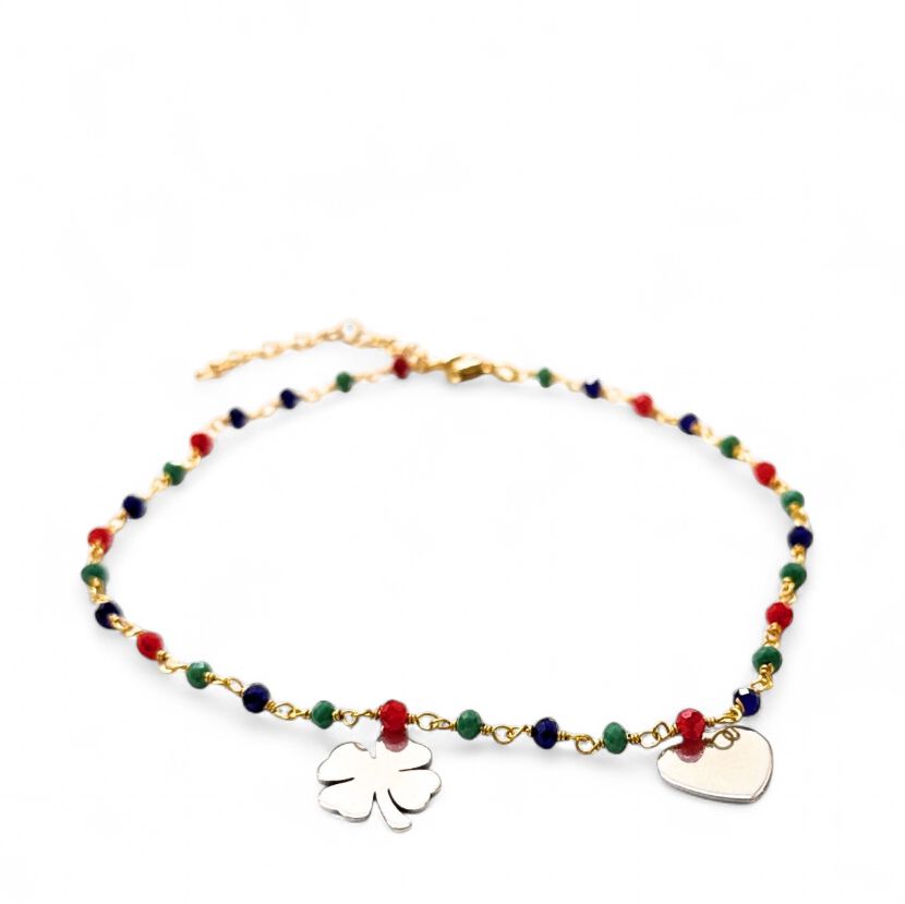 Bracciale Perline quadrifoglio e cuore acciaio