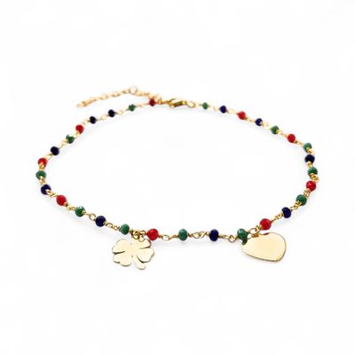 Bracciale Perline quadrifoglio e cuore dorato acciaio