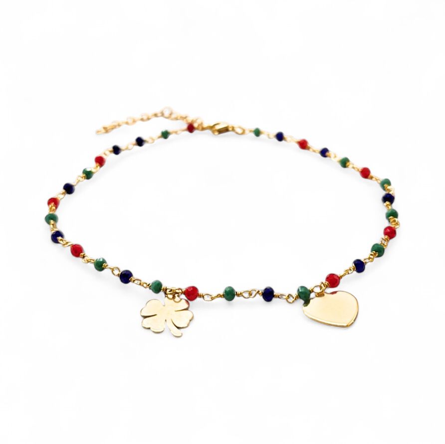 Bracciale Perline quadrifoglio e cuore dorato acciaio
