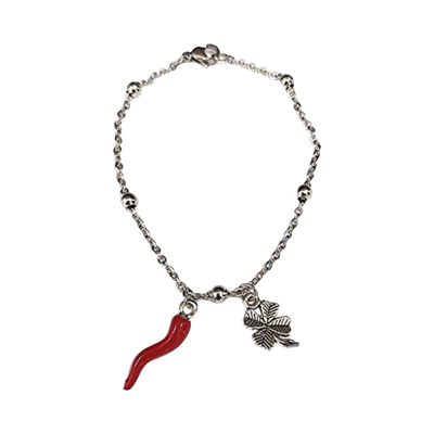 Bracciale catena acciaio corno e quadrifoglio