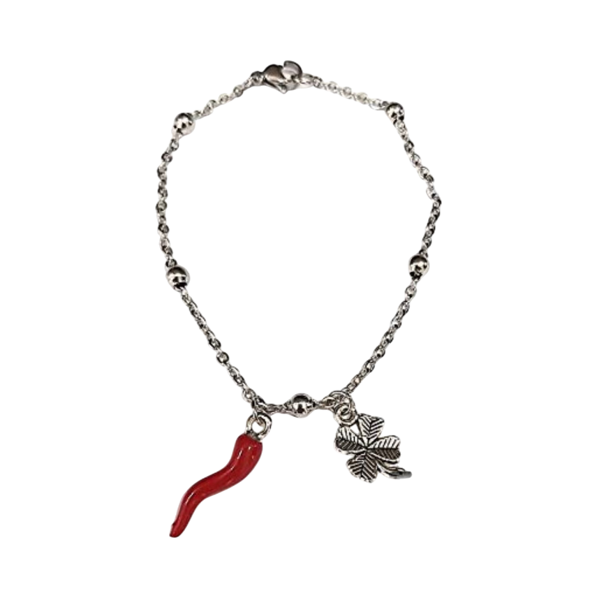 Bracciale catena acciaio corno e quadrifoglio