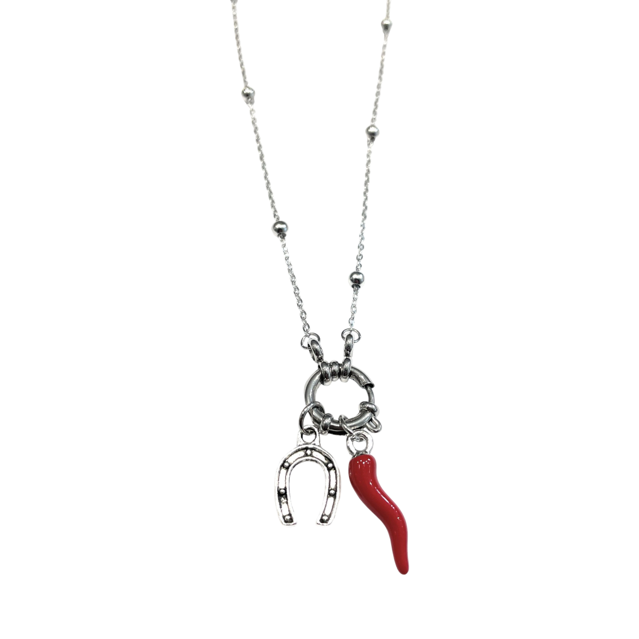 Collana acciaio corno portafortuna ciampa cavallo