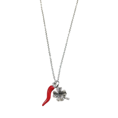 Collana acciaio corno portafortuna quadrifoglio
