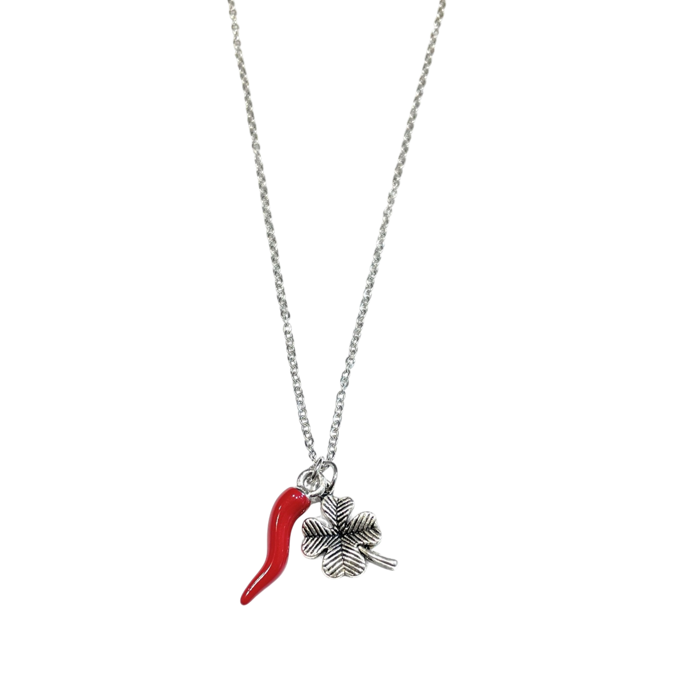 Collana acciaio corno portafortuna quadrifoglio