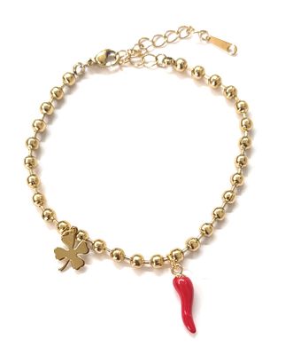 Bracciale sfere dorato acciaio corno e quadrifoglio