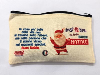 Pochette Natalizia in Tela con Babbo Natale, Messaggio Natalizio in Italiano, Chiusura con Cerniera, Crema