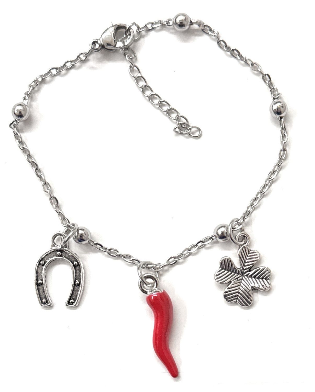 Bracciale acciaio corno quadrifoglio ciampa cavallo scaramantico misura regolabile