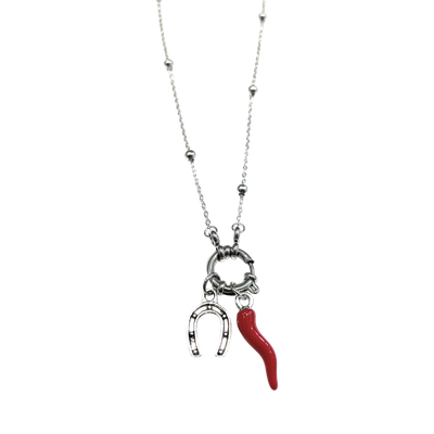 Collana acciaio corno portafortuna ciampa cavallo