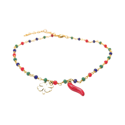 Cavigliera corno e quadrifoglio dorato acciaio multicolore