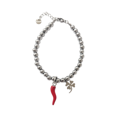 Braccialetto Perline acciaio corno e quadrifoglio Braccialetto Perline acciaio corno e quadrifoglio