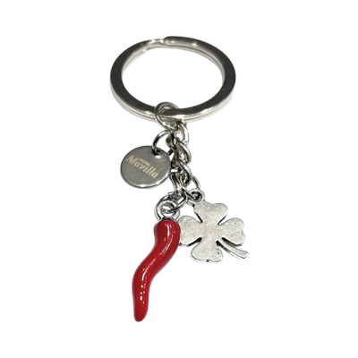 Portachiavi quadrifoglio corno rosso Scaramantico acciaio