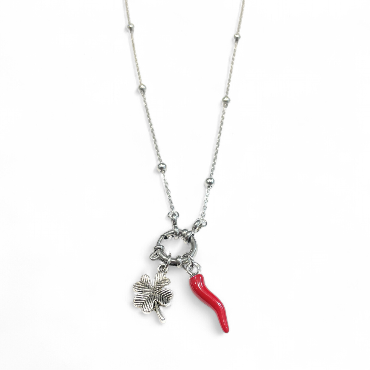 Collana acciaio corno portafortuna corno quadrifoglio