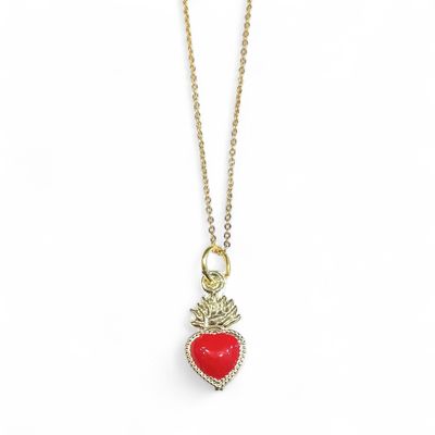 Collana dorata acciaio cuore sacro rosso Collana dorata acciaio cuore sacro rosso