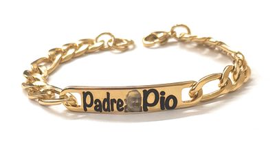 Bracciale Religioso Padre Pio dorato Acciaio, con Incisione a Laser