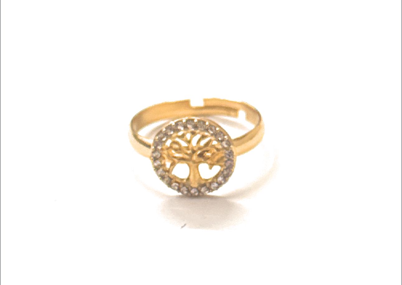 Anello regolabile fascia dorato albero vita zirconi acciaio