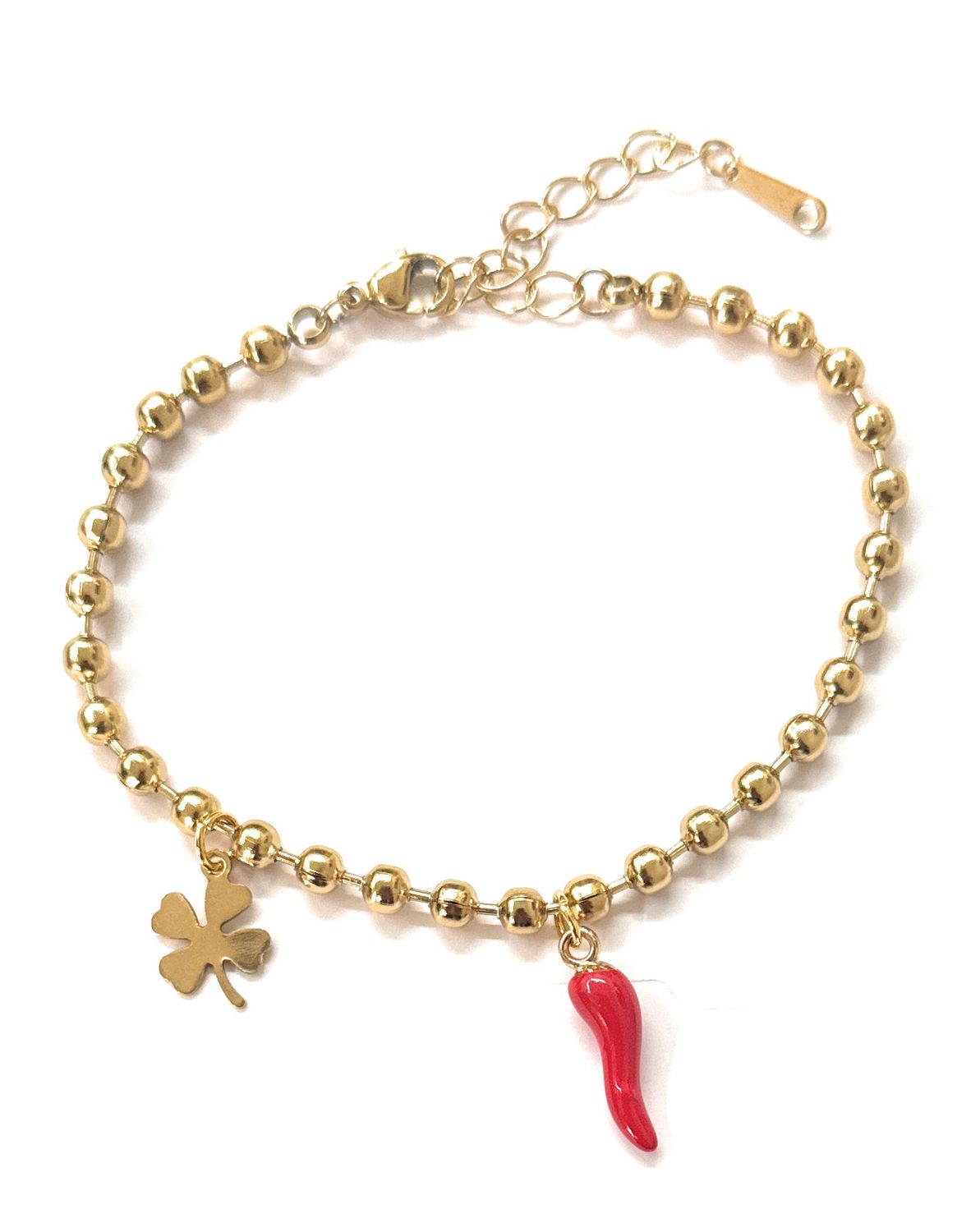 Bracciale sfere dorato acciaio corno e quadrifoglio