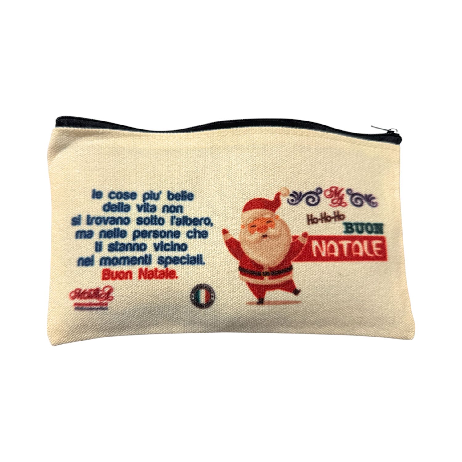 Pochette Natalizia in Tela con Babbo Natale, Messaggio Natalizio in Italiano, Chiusura con Cerniera, Crema