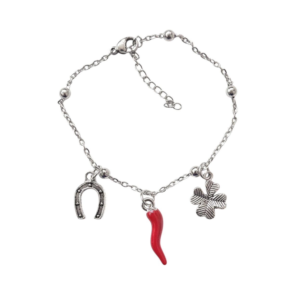 Bracciale acciaio corno quadrifoglio ciampa cavallo scaramantico misura regolabile
