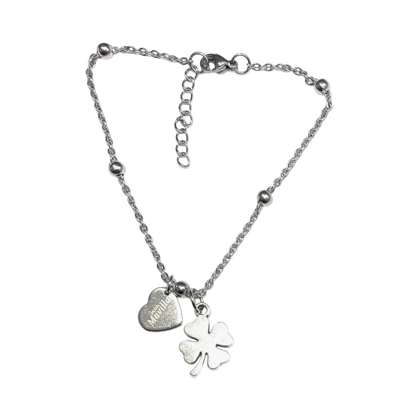 Bracciale acciaio quadrifoglio e cuore misura regolabile
