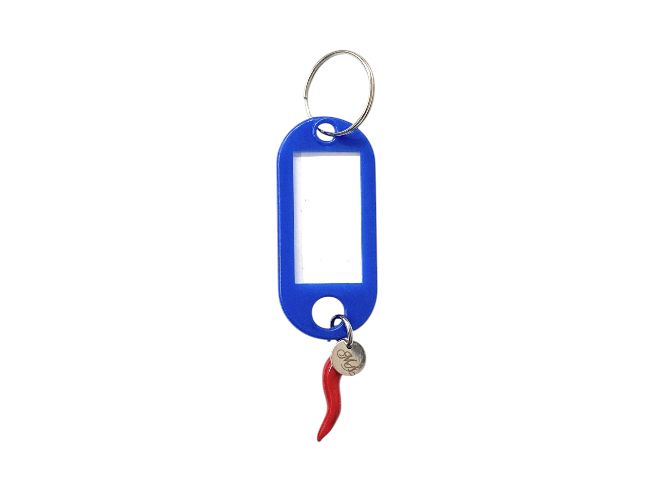 Portachiavi blu con targhetta corno rosso Scaramantico