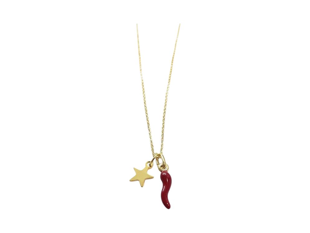 Collana dorata acciaio corno portafortuna e stella