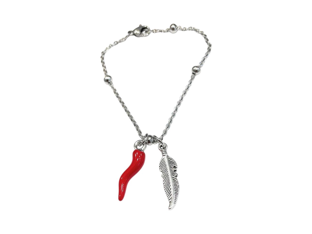 Bracciale catena acciaio corno e piuma
