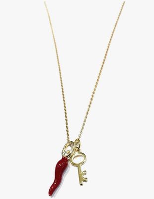 Collana dorata acciaio corno portafortuna e chiave