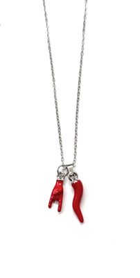 Collana acciaio corno portafortuna corna rosse