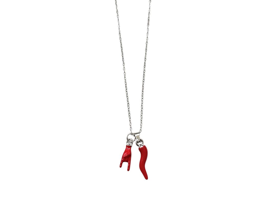 Collana acciaio corno portafortuna corna rosse