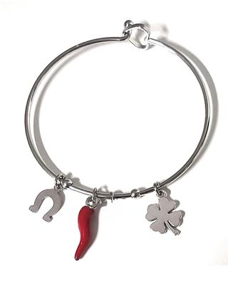 Bracciale rigido acciaio corno quadrifoglio e ferro cavallo