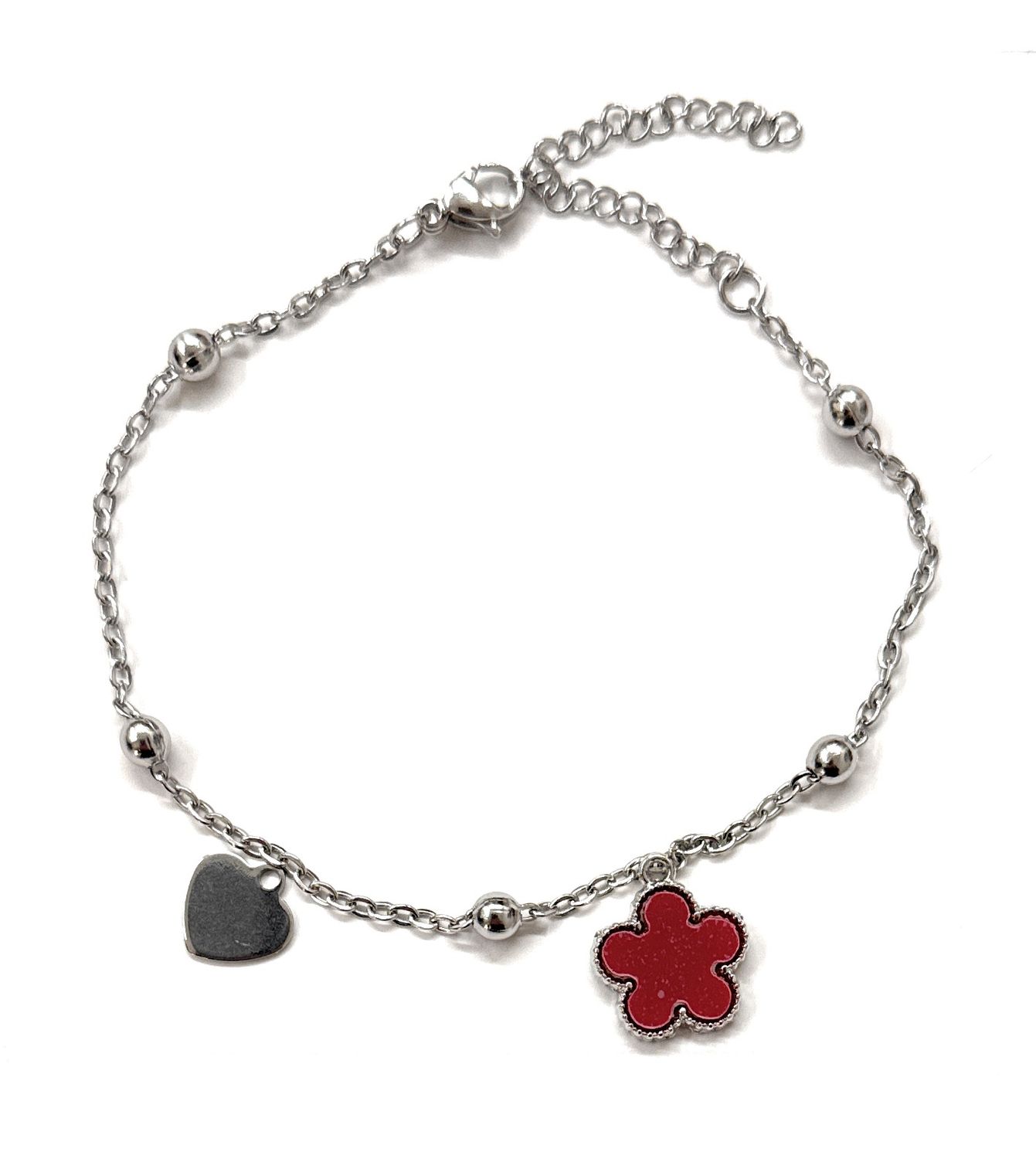 Bracciale acciaio quadrifoglio rosso regolabile